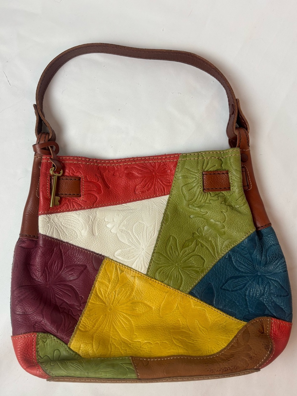 Fossil Tooled Leather Patchwork Shoulder Hobo Bag Multicolor Boho Hippie
